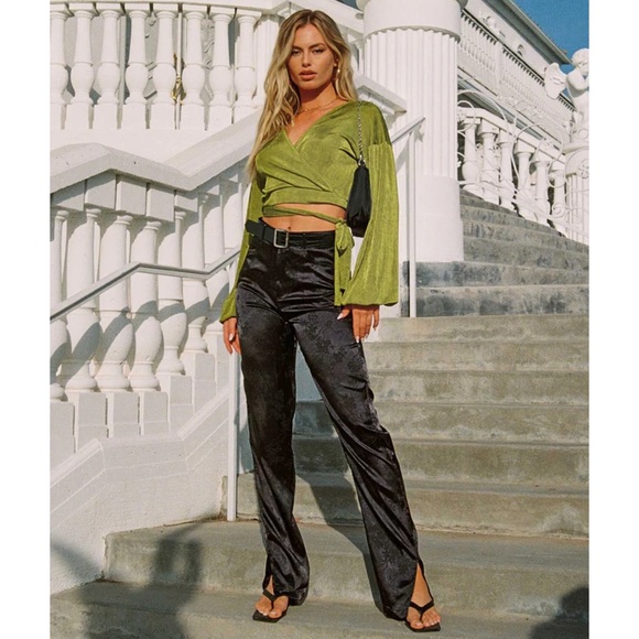 Lioness St Germain Black Silk Slit Hem Relaxed Fit High Waist Pant - Picture 9 of 9